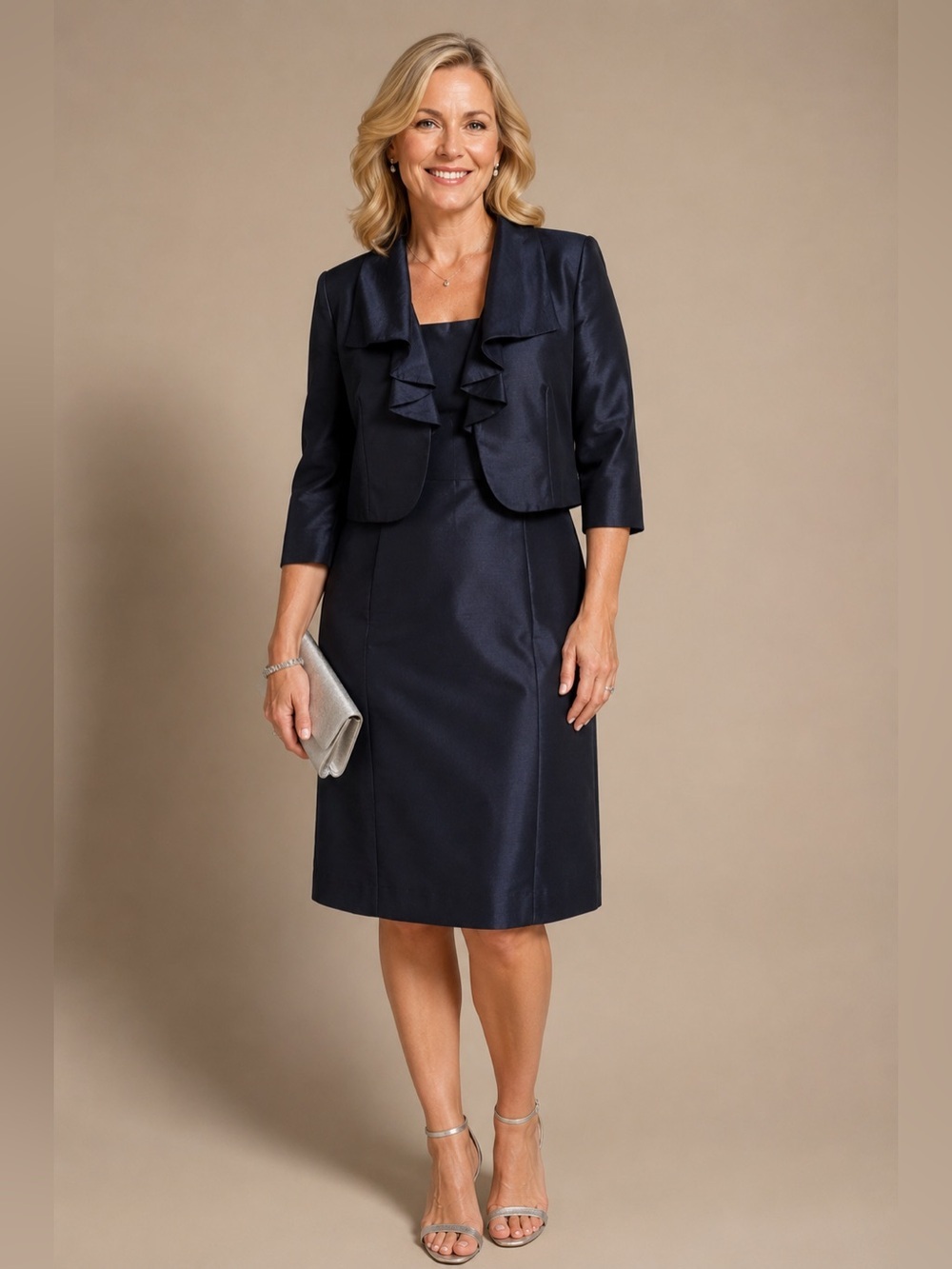 Tahari Arthur S. Levine 12P Navy Ruffle Jacket Dress 2 Piece Set NWT